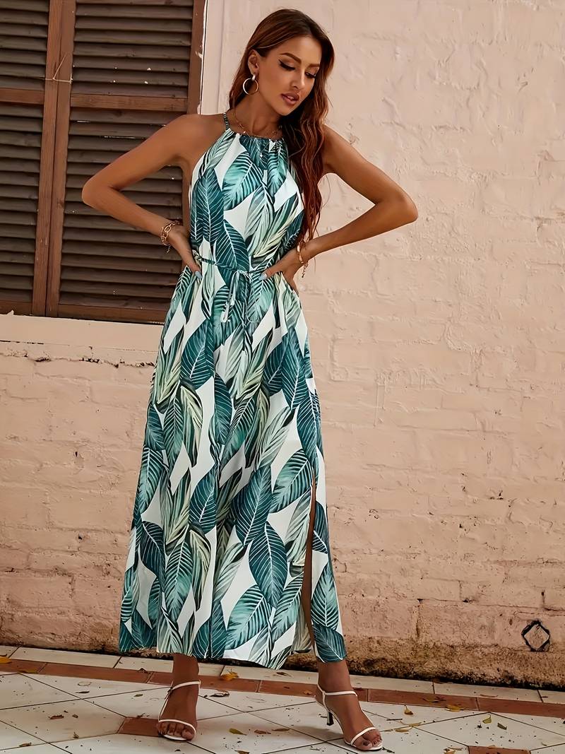Esther - Neckholder Strandkleid mit Blattdruck