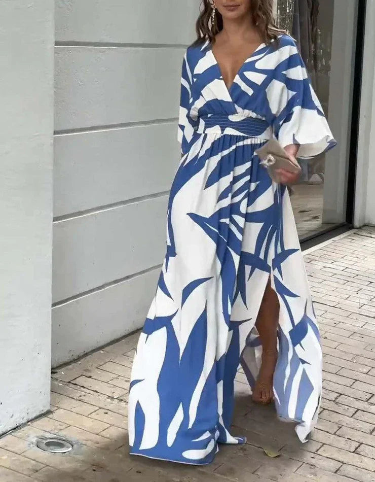 Emily – Maxikleid mit 3/4-Ärmeln und blauer Druckwäsche
