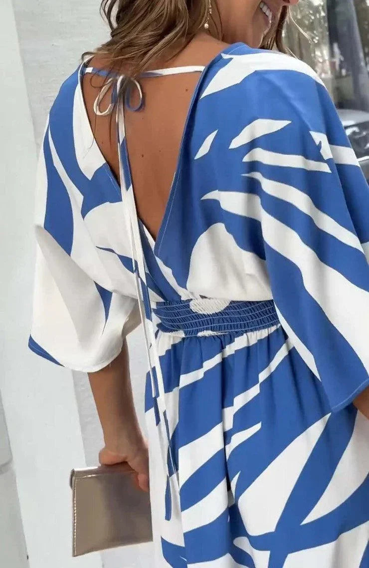 Emily – Maxikleid mit 3/4-Ärmeln und blauer Druckwäsche