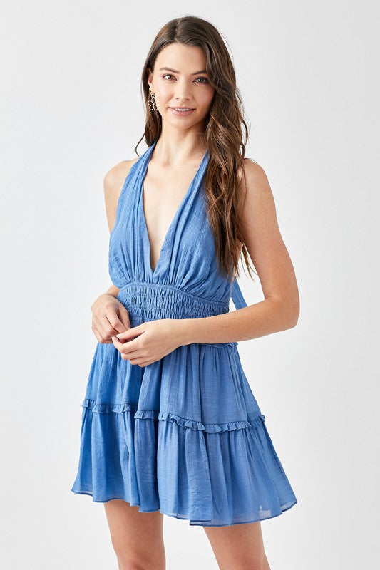 Nia - Halter Neck Geraffte Rüschendress