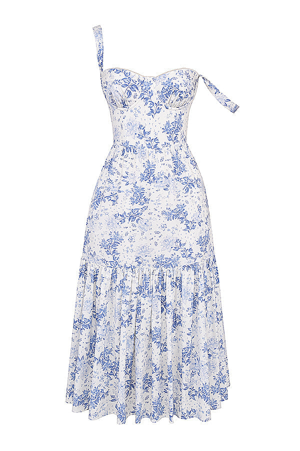 Nicole - Geblümter Schulterriemen Sweetheart Midikleid