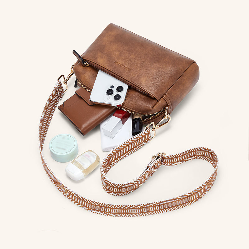 Luisa - Schultertasche mit dreifachem Reißverschluss und gestreiftem Riemen