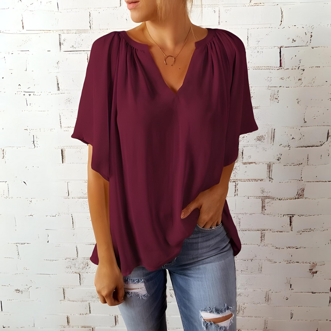Amelia elegante V-Ausschnitt Bluse mit kurzen Ärmeln – zeitloser Stil & Komfort