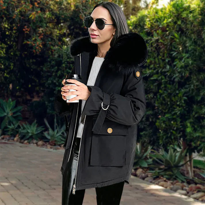 Sheena Langarm-Faux-Fur-Wintermantel mit Kapuze
