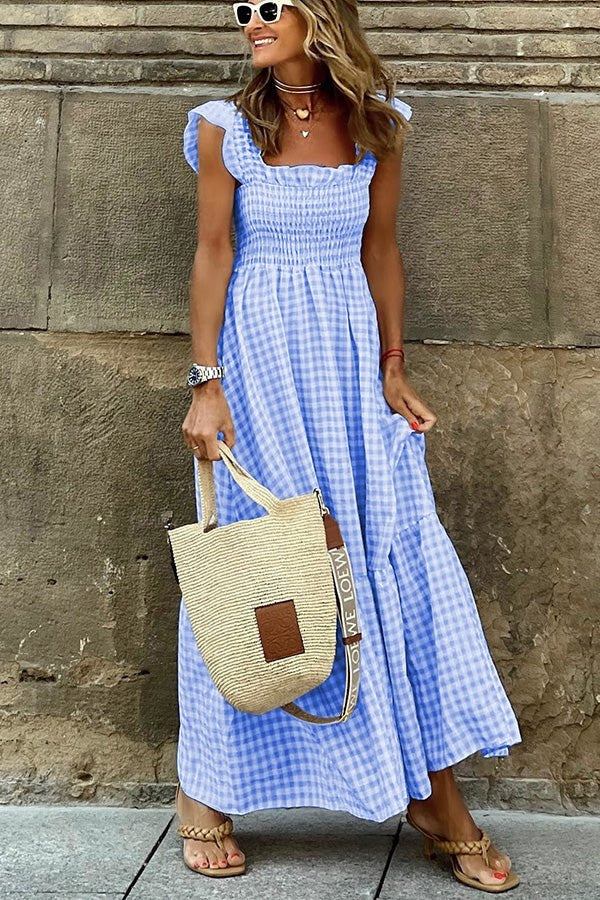 Mona - Charmante kariert Maxikleid mit geraffter Taille