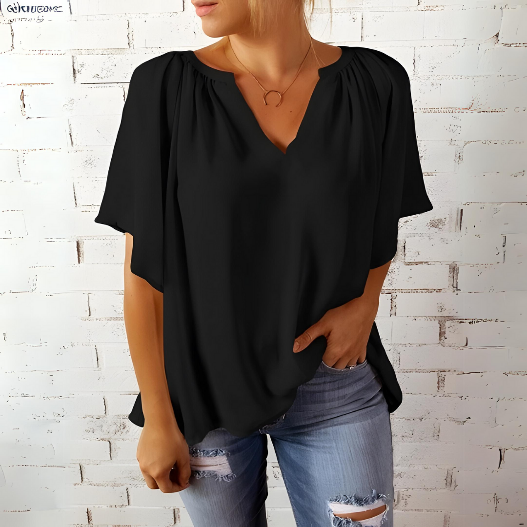 Amelia elegante V-Ausschnitt Bluse mit kurzen Ärmeln – zeitloser Stil & Komfort
