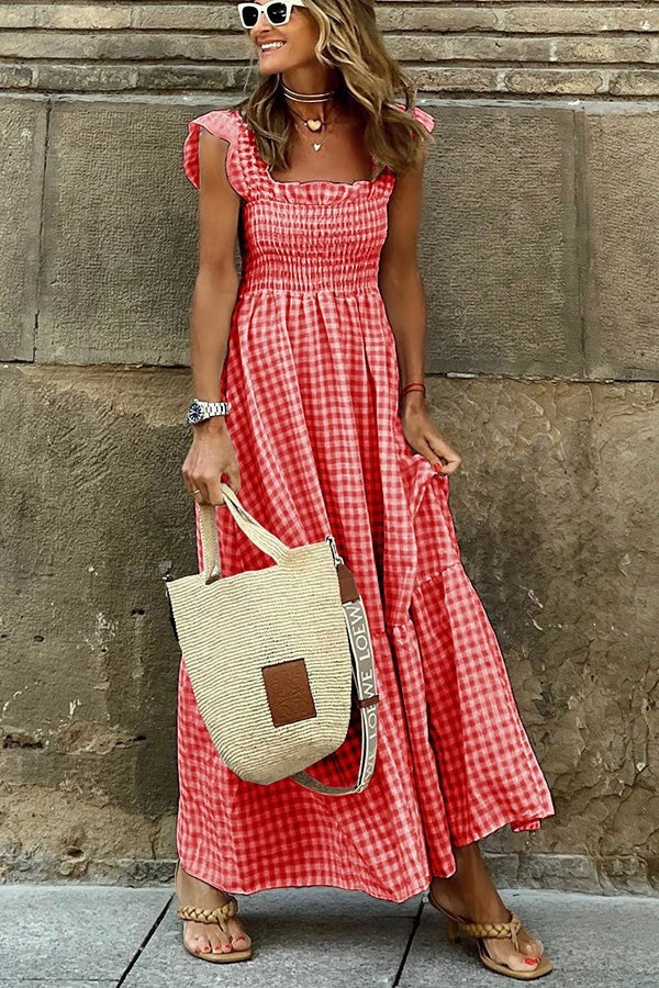 Mona - Charmante kariert Maxikleid mit geraffter Taille
