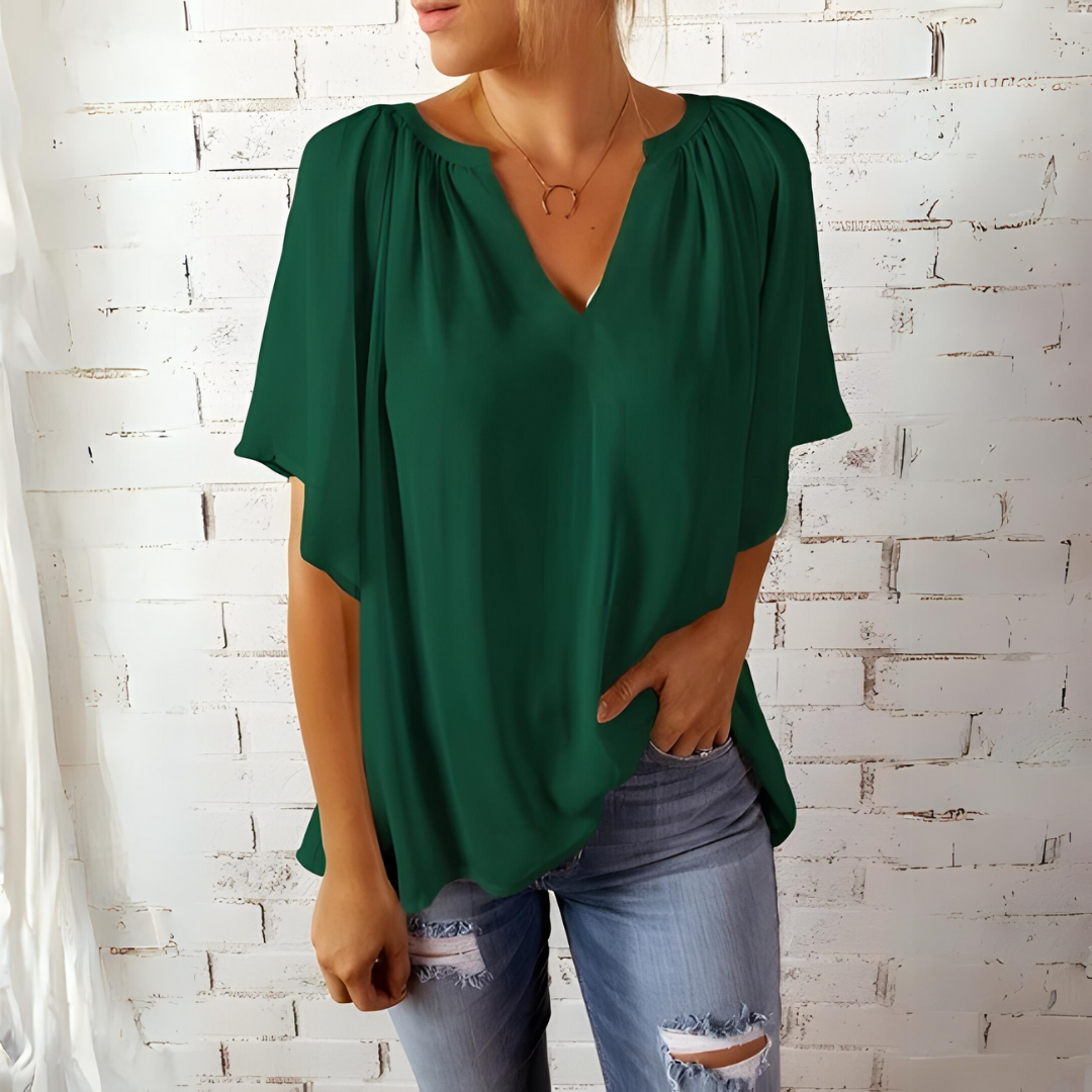 Amelia elegante V-Ausschnitt Bluse mit kurzen Ärmeln – zeitloser Stil & Komfort