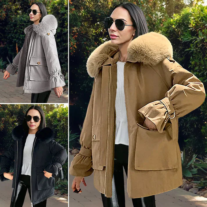 Sheena Langarm-Faux-Fur-Wintermantel mit Kapuze