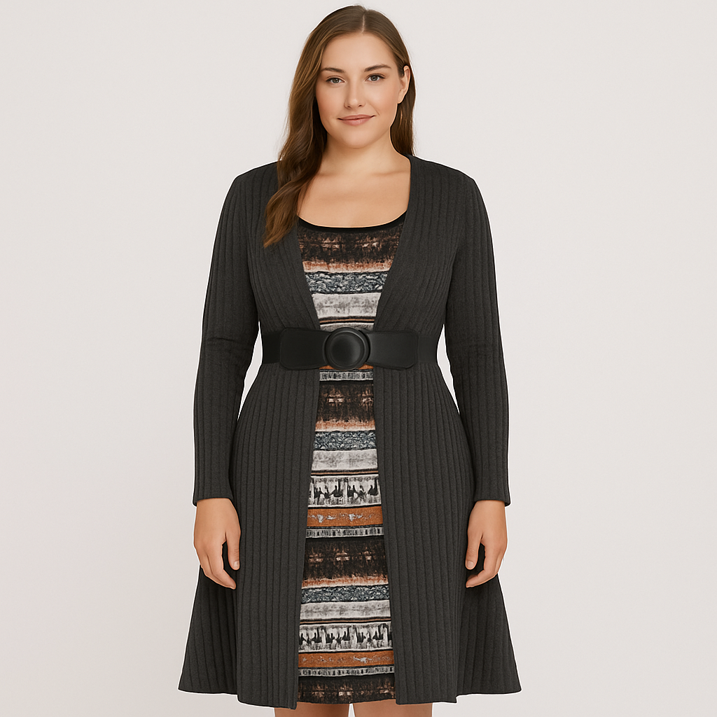 Calista | Elegantes A-Linien-Strickkleid im Colorblock-Stil mit quadratischem Ausschnitt