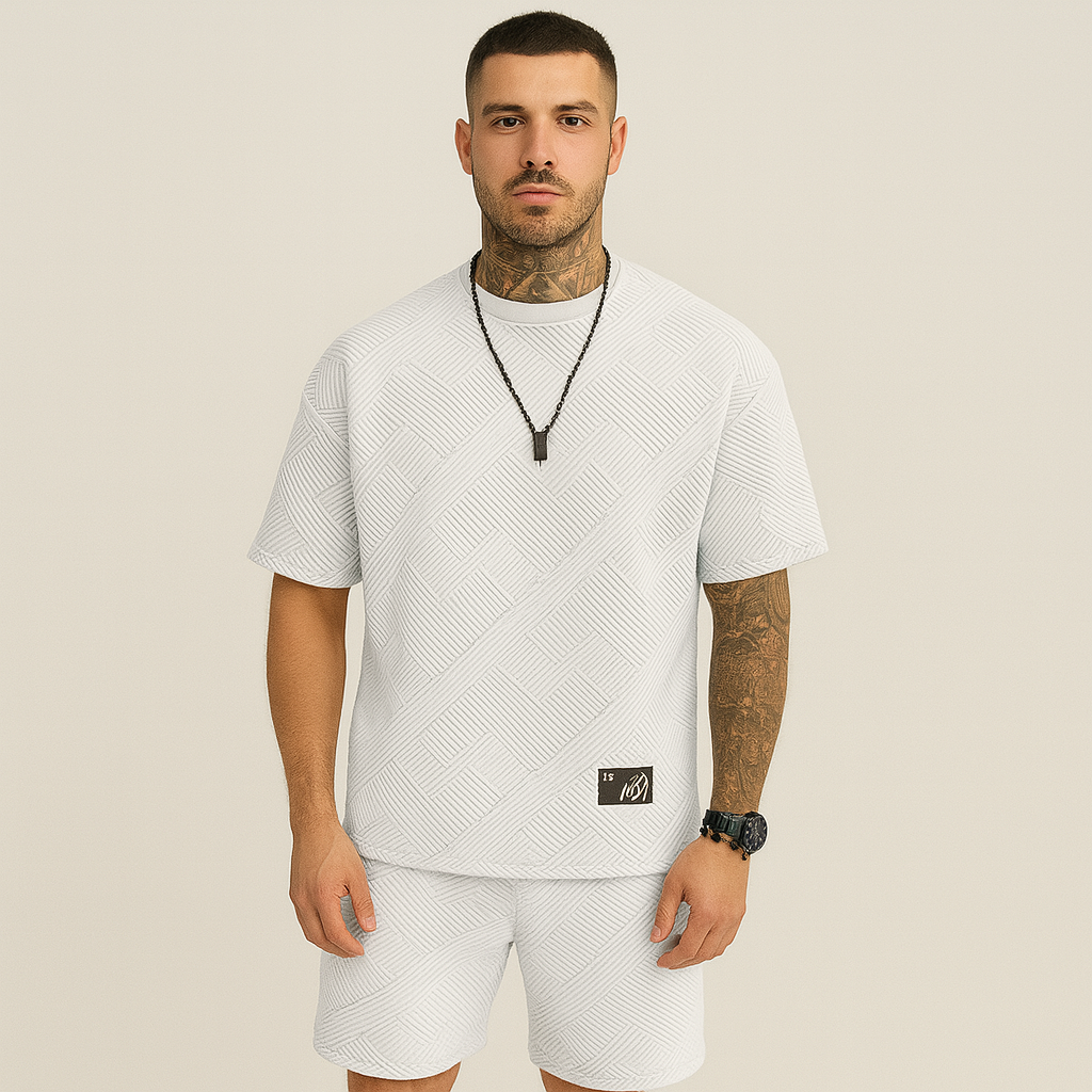 2-teiliges strukturiertes Herren-Set – Kurzarm-Oberteil mit Rundhalsausschnitt und passende Jacquard-Shorts