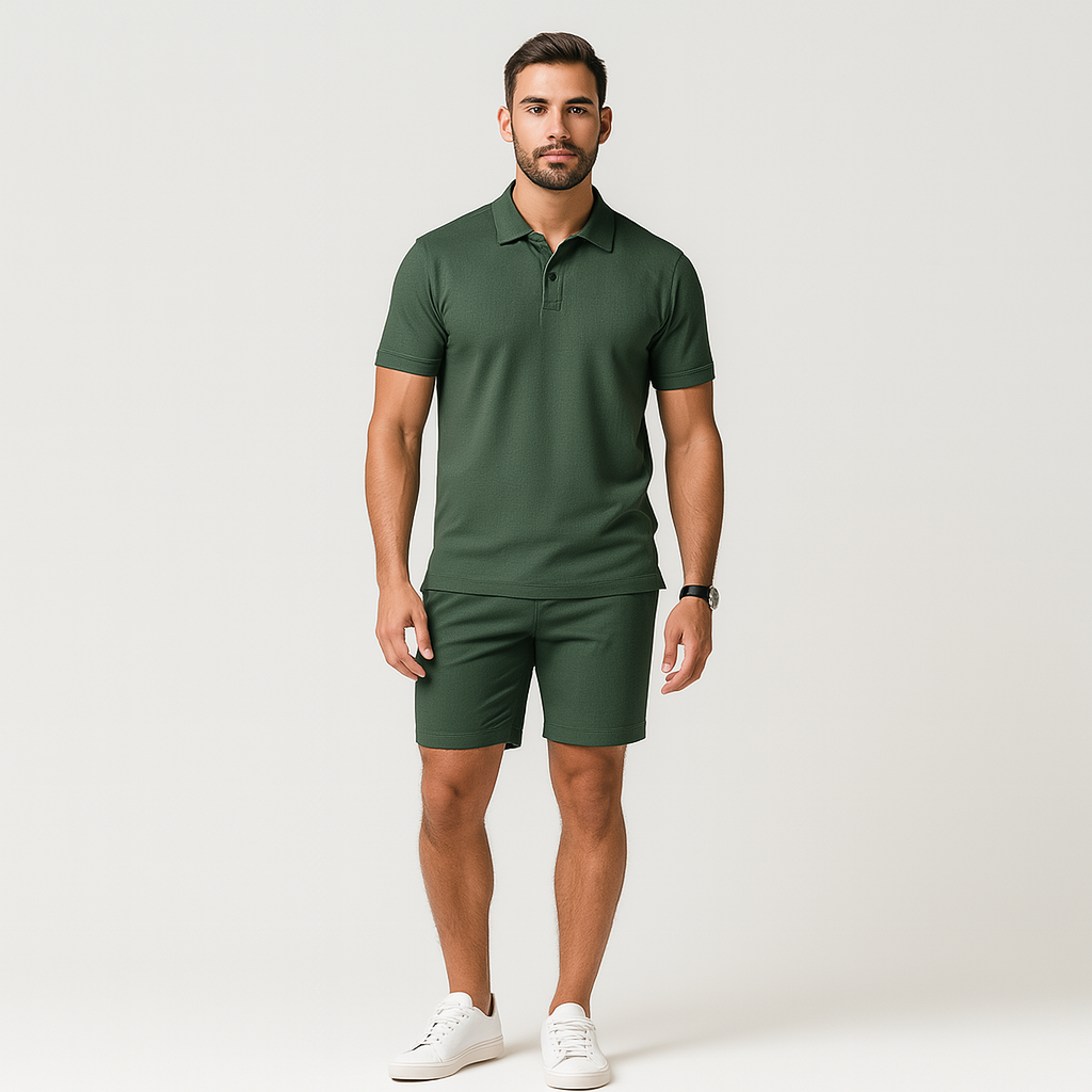 2-teiliges Herren-Poloshirt-Set – Kurzarmhemd mit Kragen und Shorts mit Kordelzug in Dunkelgrün