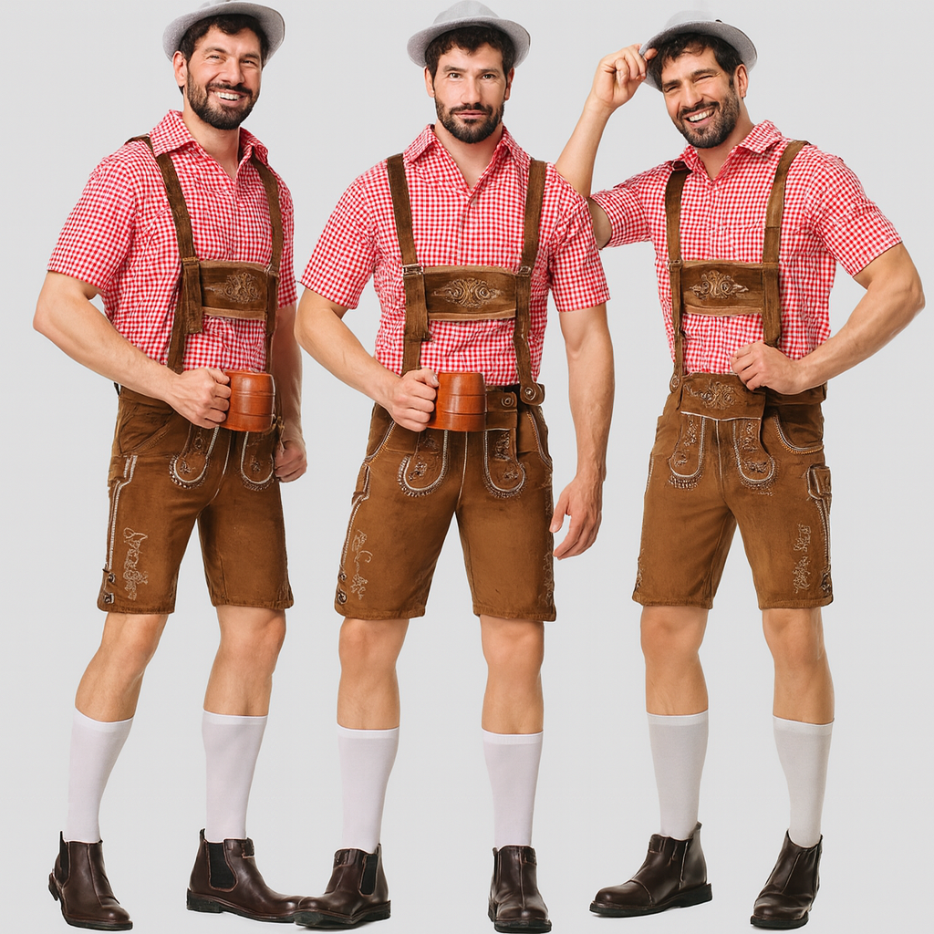 Herren Trachten Set – Kurze Lederhose mit Stickerei & Karohemd fürs Oktoberfest