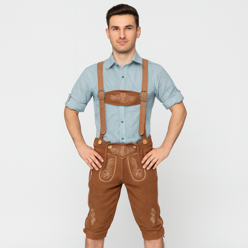 Kniebundlederhose Herren – Helle Trachtenhose mit Trägern & Stickerei fürs Oktoberfest
