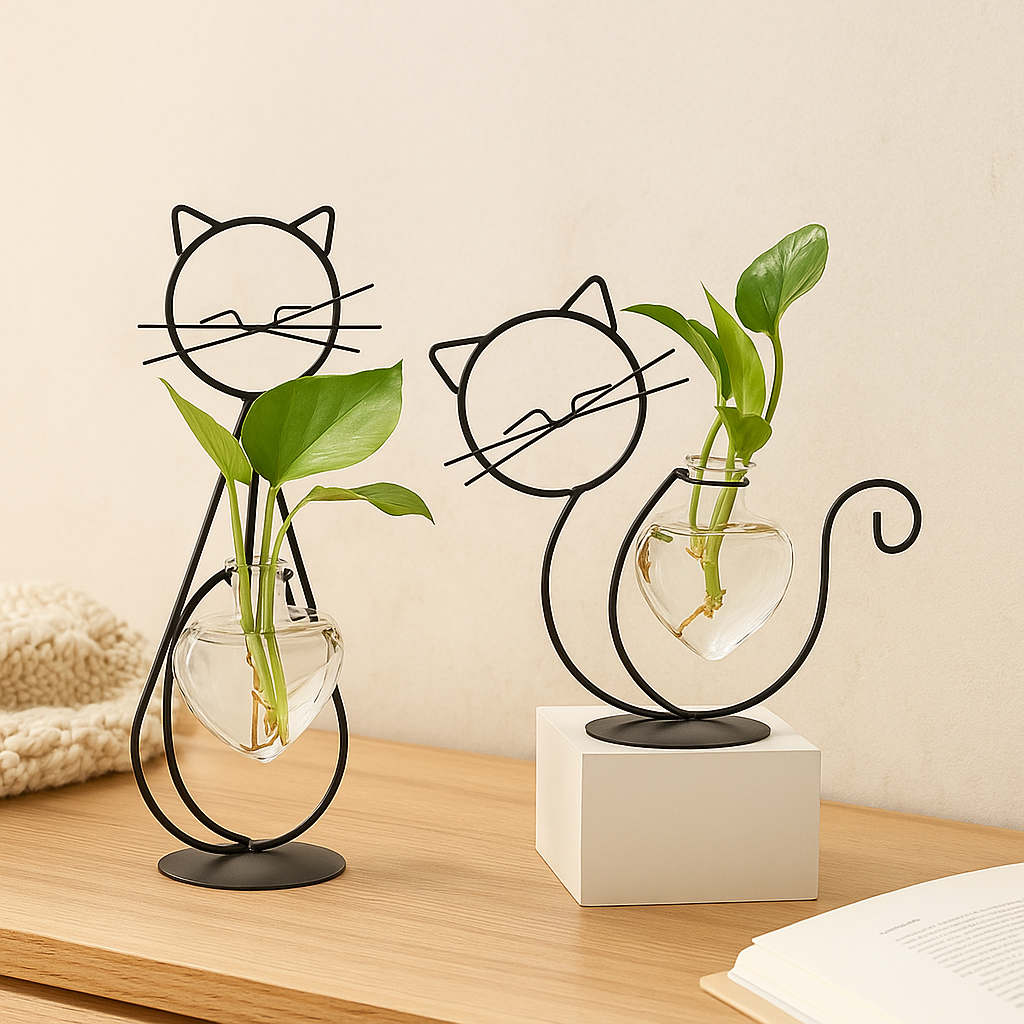 FelineBloom – Herzförmiger Glas-Pflanzkasten mit katzeninspiriertem Halter