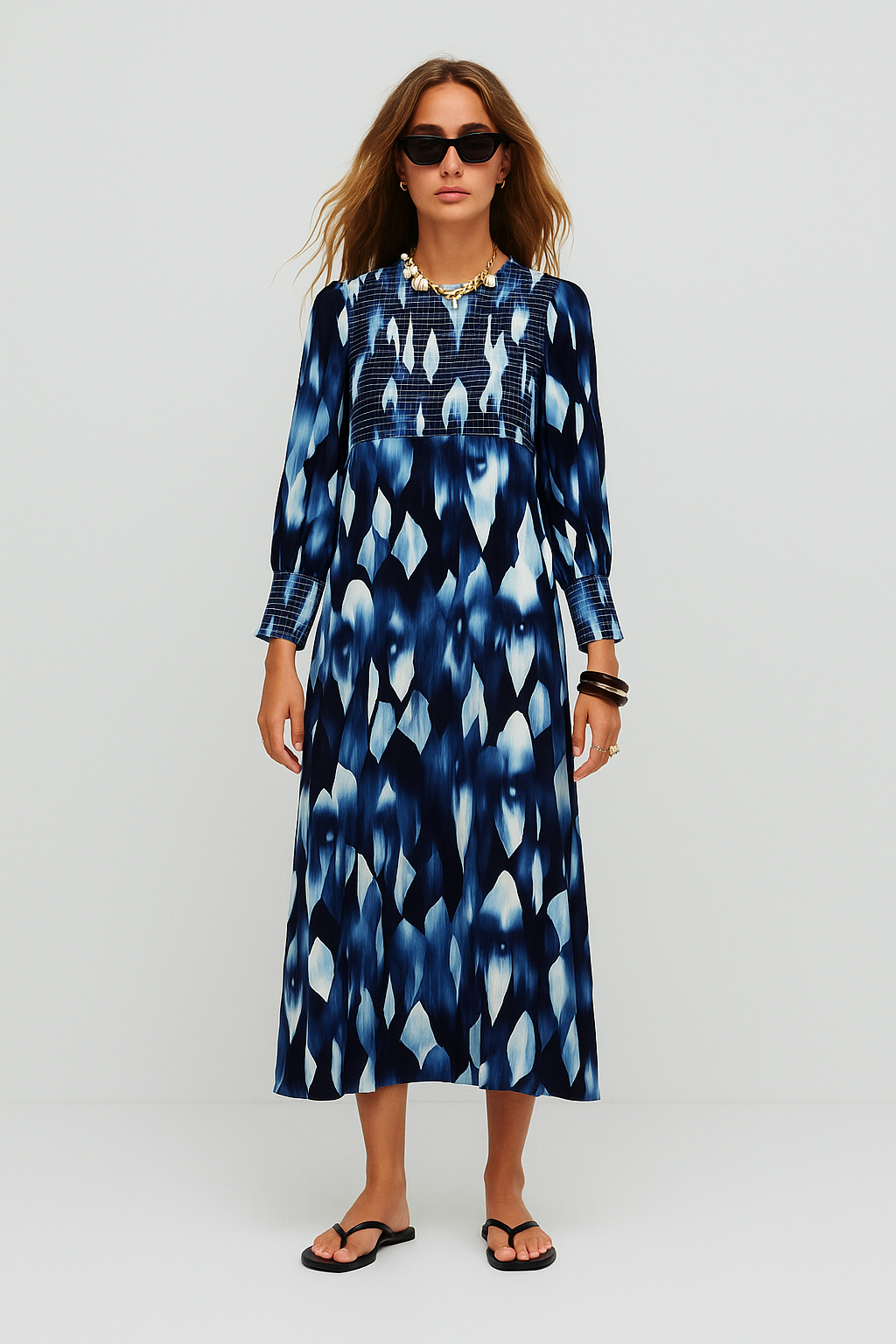 Elodie Casual lang bedrucktes Kleid mit Ballonärmeln