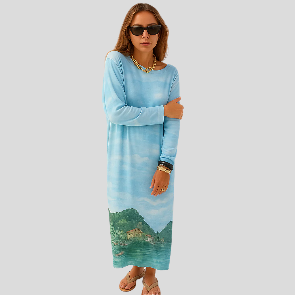 Aurora langärmliges Sommer-Maxikleid mit einzigartigem Druck