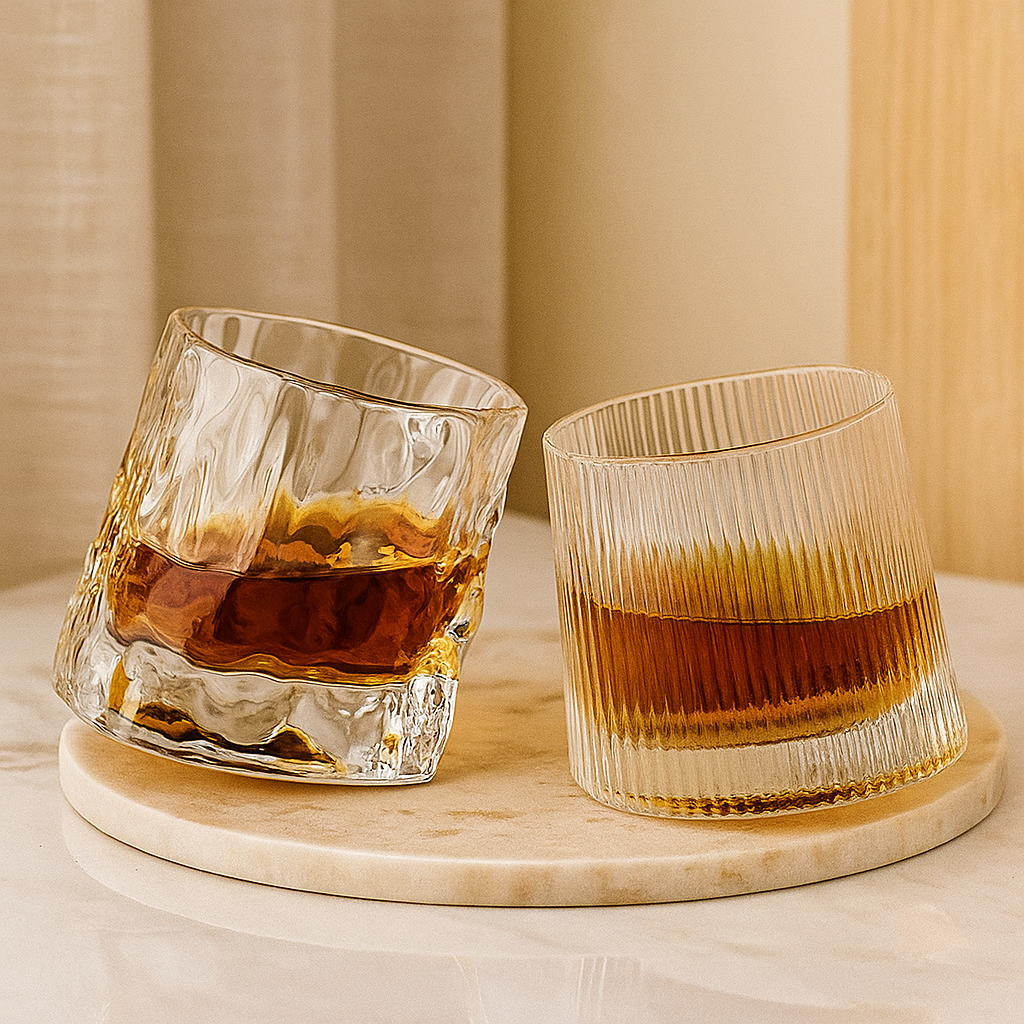 SwirlSip – Drehbares, texturiertes Whiskyglas mit auffällig geripptem Design