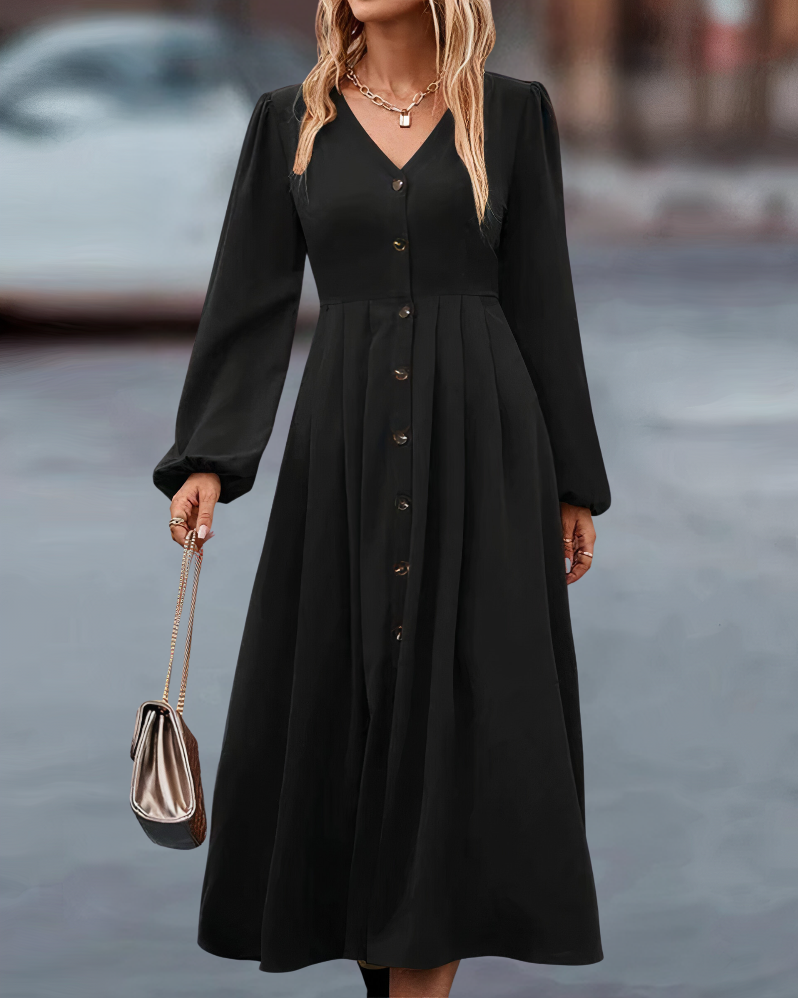 Noreen - Elegantes und schmeichelhaftes V-Ausschnitt Knopf Lang Kleid