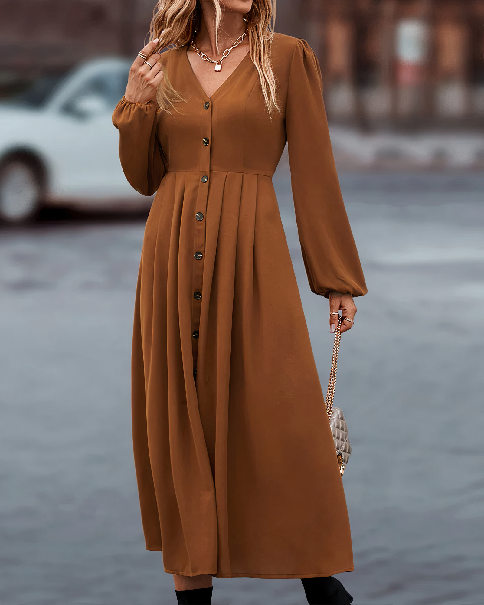 Noreen - Elegantes und schmeichelhaftes V-Ausschnitt Knopf Lang Kleid