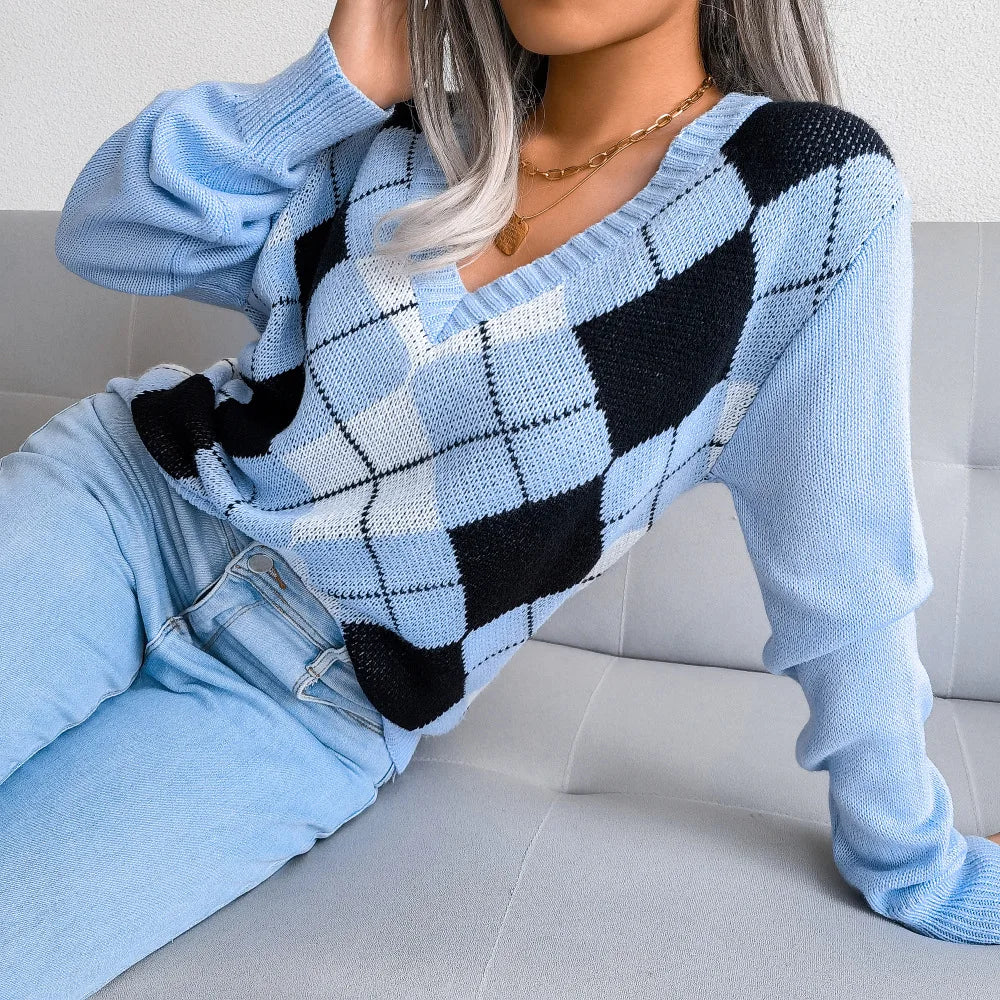 Elina - Retro-Pullover mit Diamantdruck und V-Ausschnitt mit langen Ärmeln