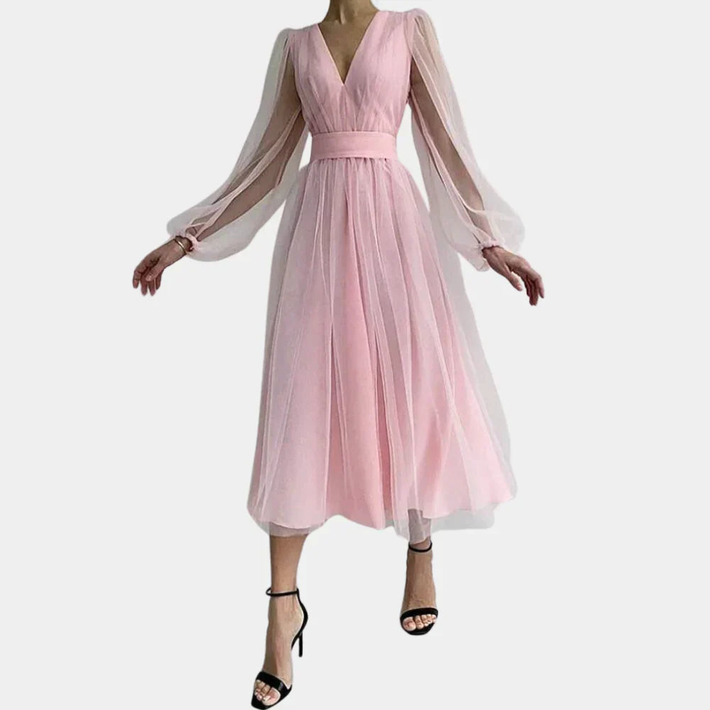 Leni - Elegantes V-Hals Ballonärmel Fließendes Kleid