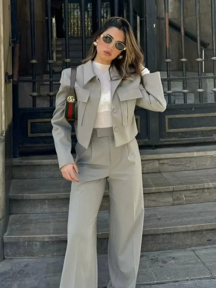 Georgia - Blazer mit langen Ärmeln und Taschen mit weitem Beinform-Hosen-Zwei-Teile-Set