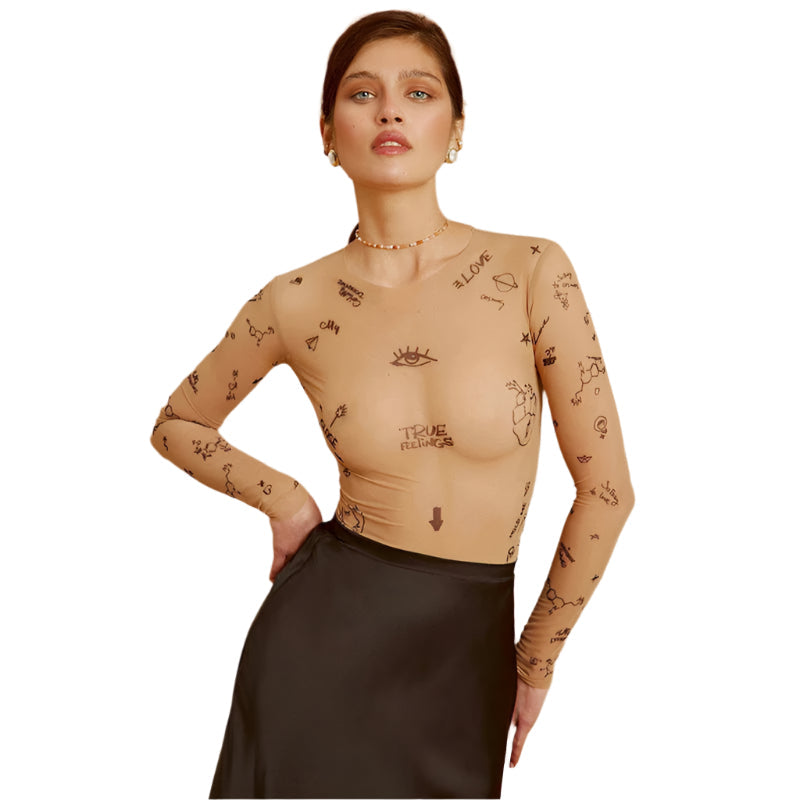 Anastasia - Langarm-Top aus transparentem Mesh-Stoff