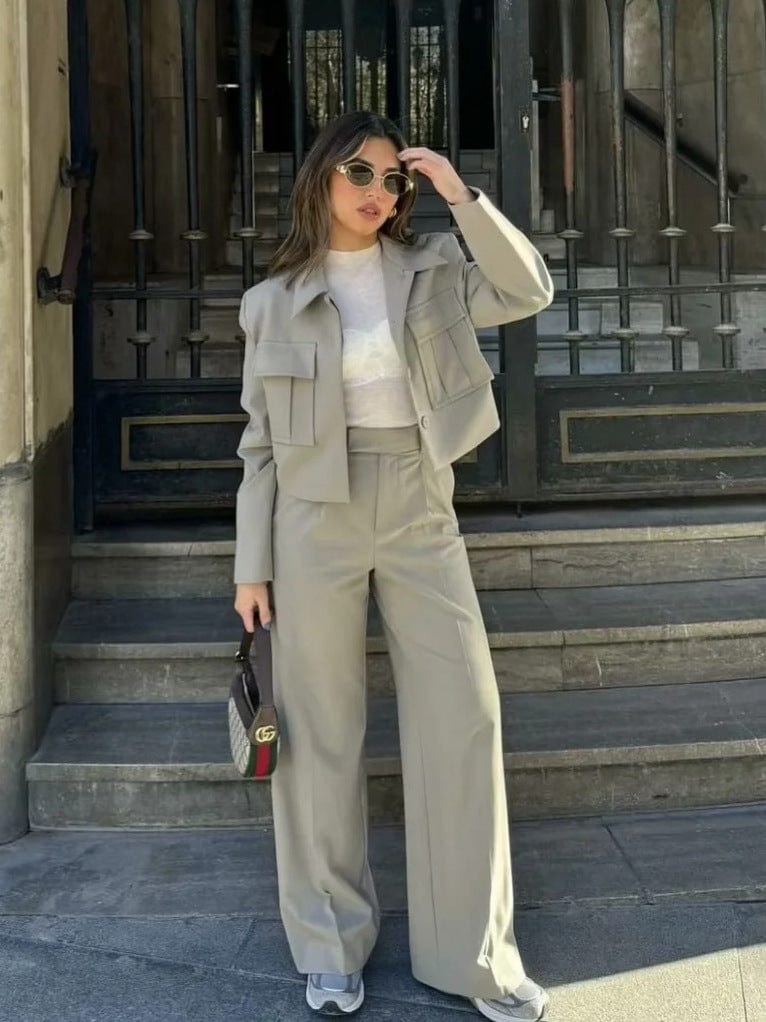 Georgia - Blazer mit langen Ärmeln und Taschen mit weitem Beinform-Hosen-Zwei-Teile-Set
