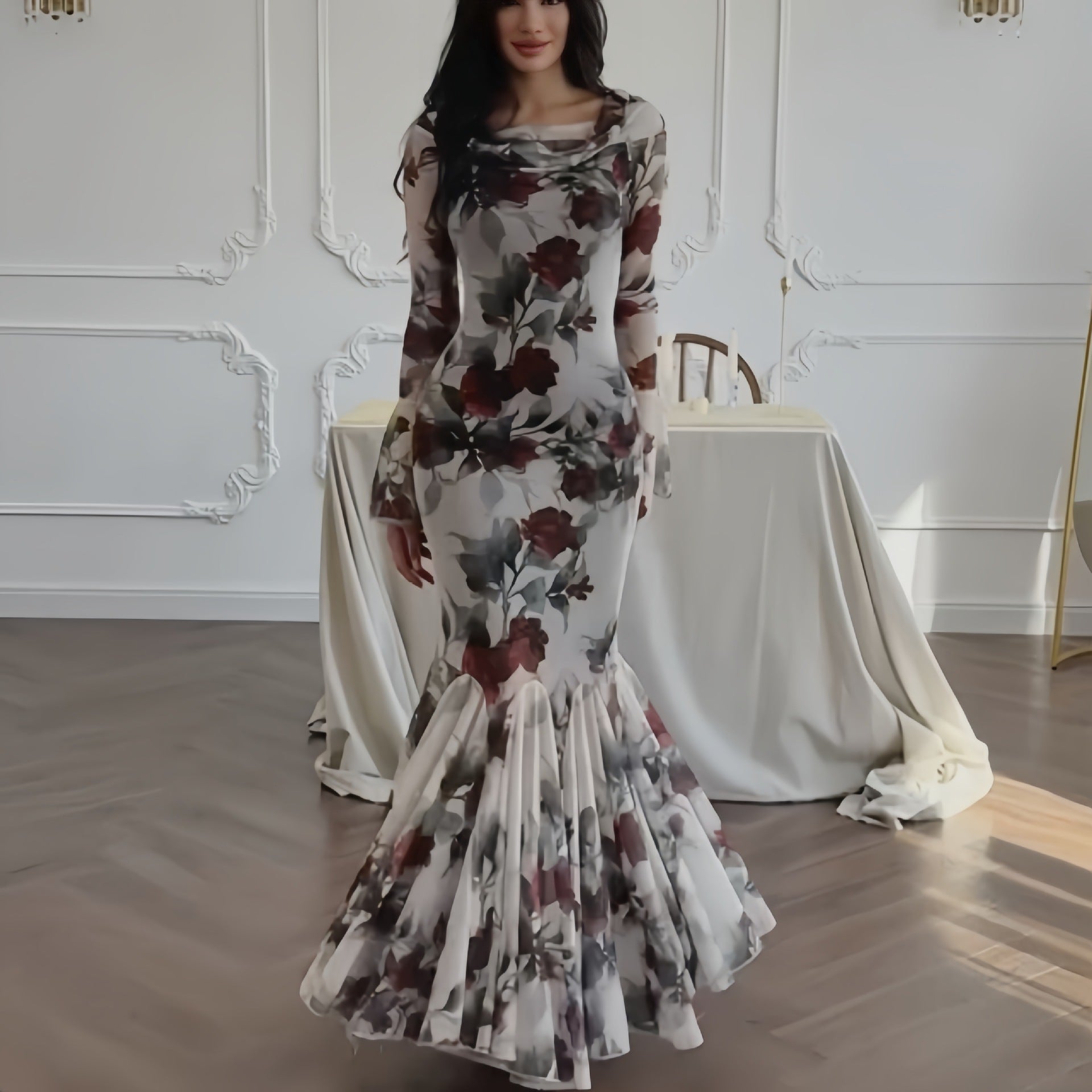 Minerva - Langärmliges langes Kleid mit Blumenmuster