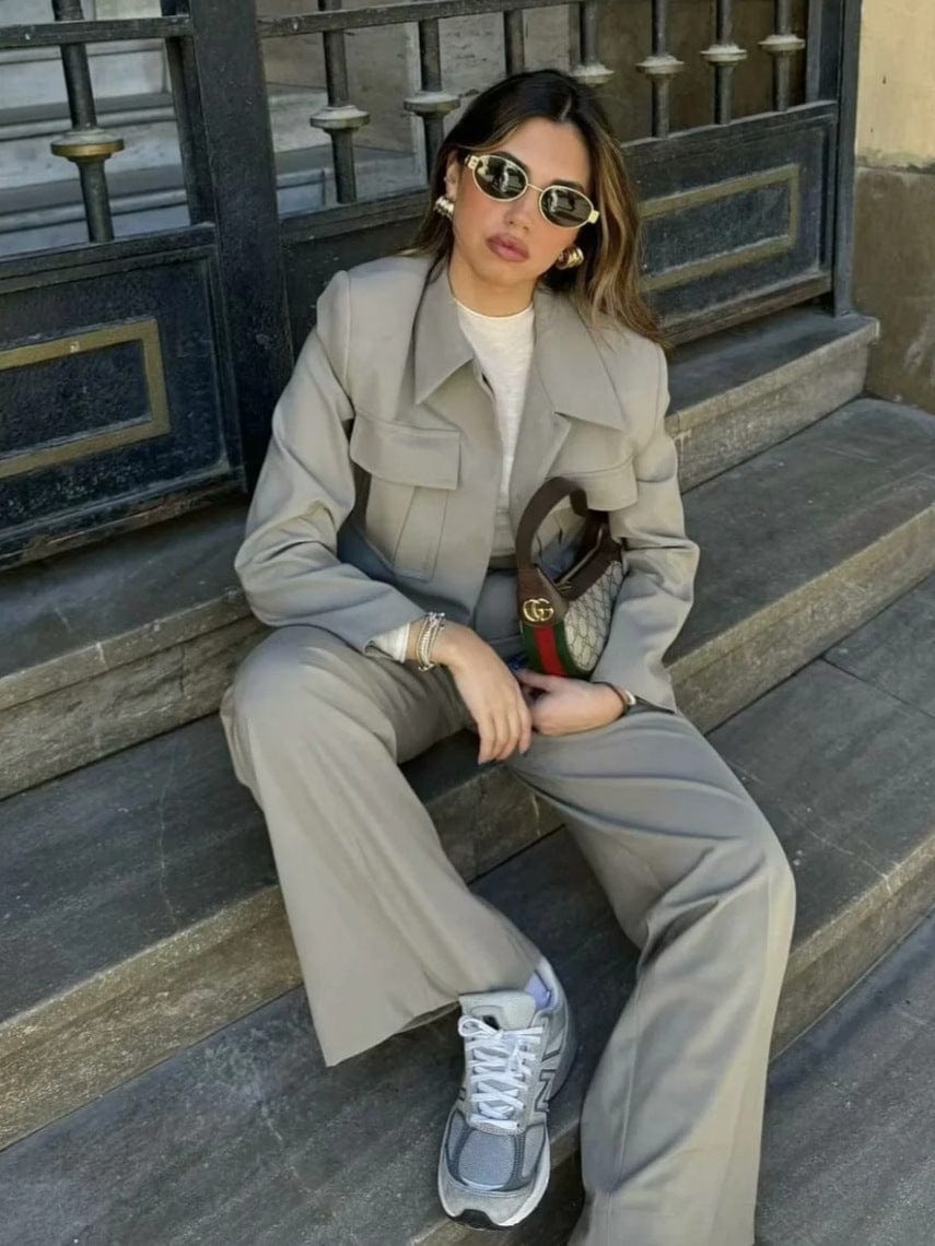 Georgia - Blazer mit langen Ärmeln und Taschen mit weitem Beinform-Hosen-Zwei-Teile-Set
