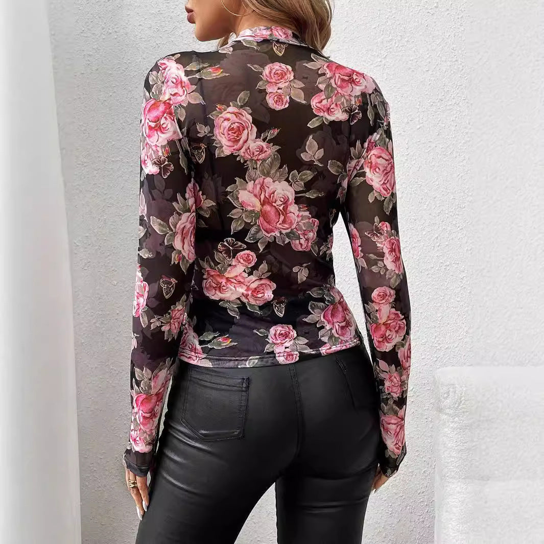 Katherine - Gedrucktes kleines Stehkragen Mesh Slim Fit Top