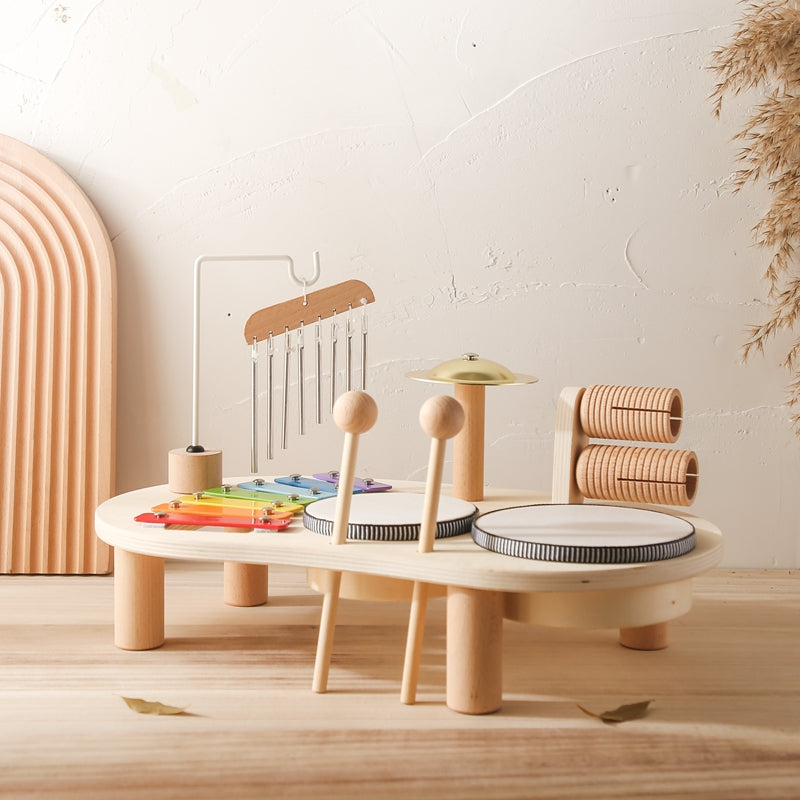 MelodyPlay Holzmusikspielzeug – All-in-One Pädagogisches Instrument für Kleinkinder mit Trommeln, Xylophon & Glocken