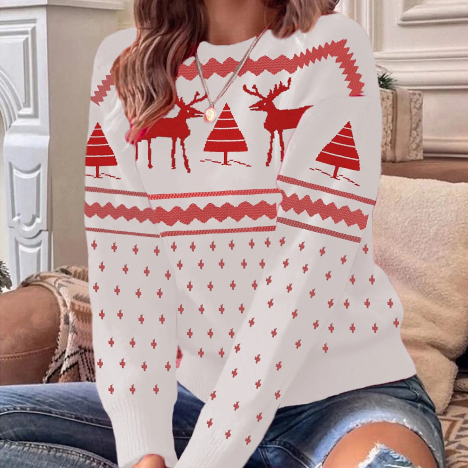 Sabrina - Weihnachts-Elch-Print Lässiger Strickpullover