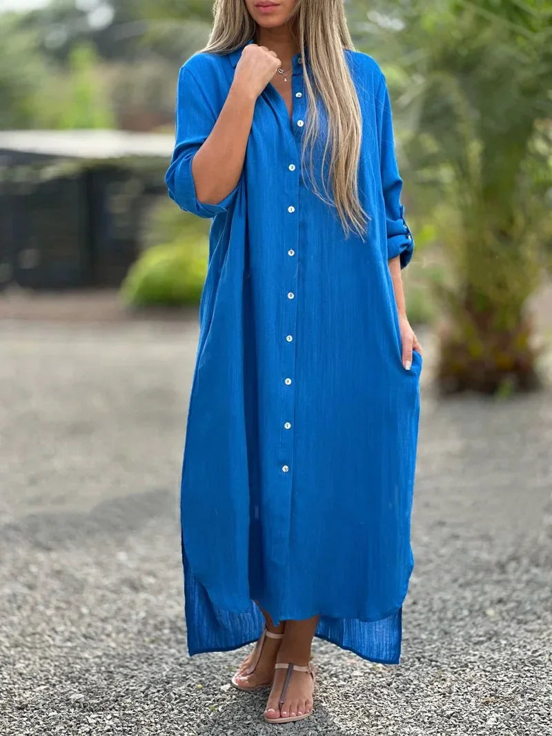 Ruth - Vielseitiges langärmeliges Maxikleid mit Knopfleiste