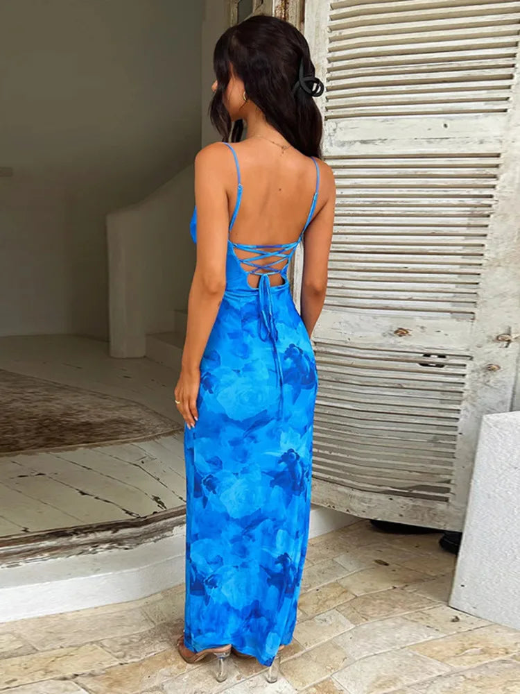 Elara Chic Blumenmuster Maxikleid – Eleganz mit Spaghetti-Trägern