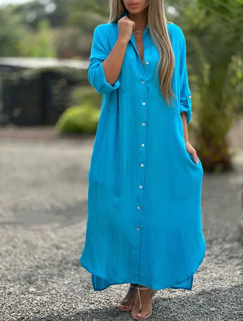 Ruth - Vielseitiges langärmeliges Maxikleid mit Knopfleiste