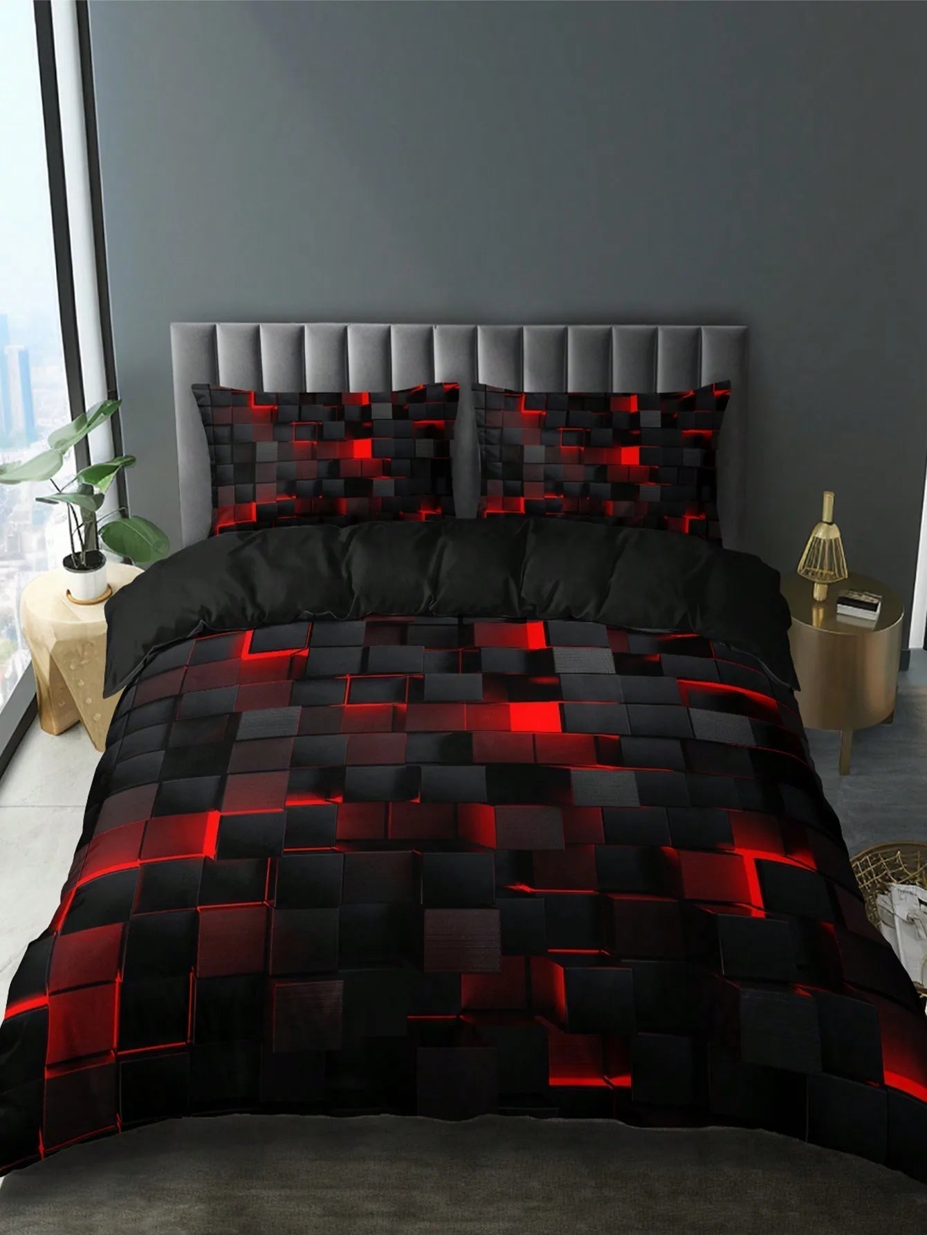 GridLuxe - modernes Bettwäsche-Set mit dynamischem rotem Gitter