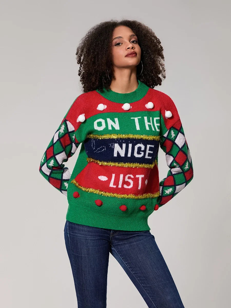 Danica - Hochleibiger Weihnachts-Pullover mit Buchstabenprint