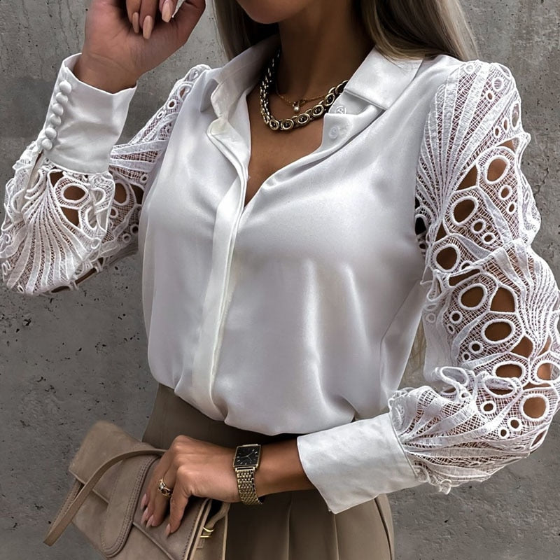 Olivia Elegante Langarm-Netzbluse mit Knöpfen