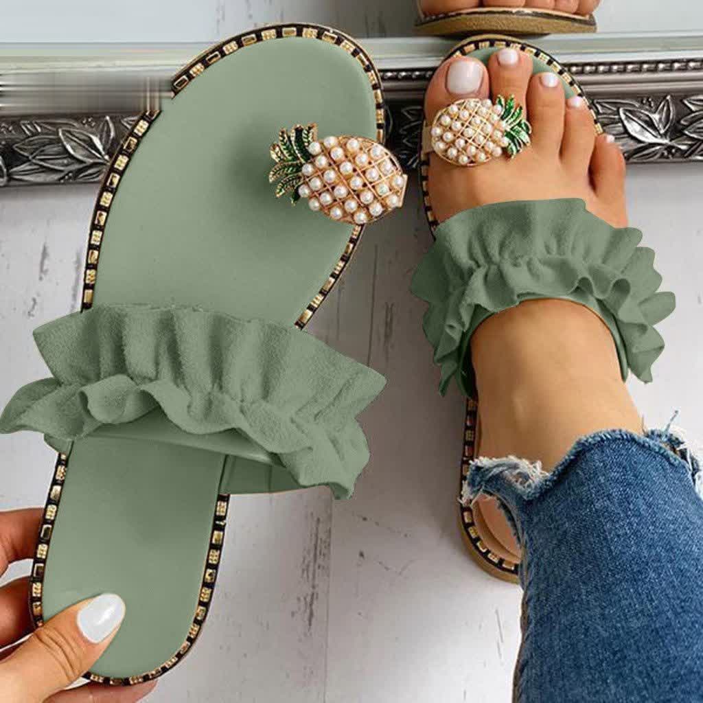 Eliza – Elegante Sandalen mit Rüschenknöchelriemen und Ananasperlenverzierung