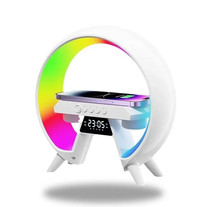 LumiNova Futuristische LED-Lampe – Kabelloses Laden & Digitale Uhr