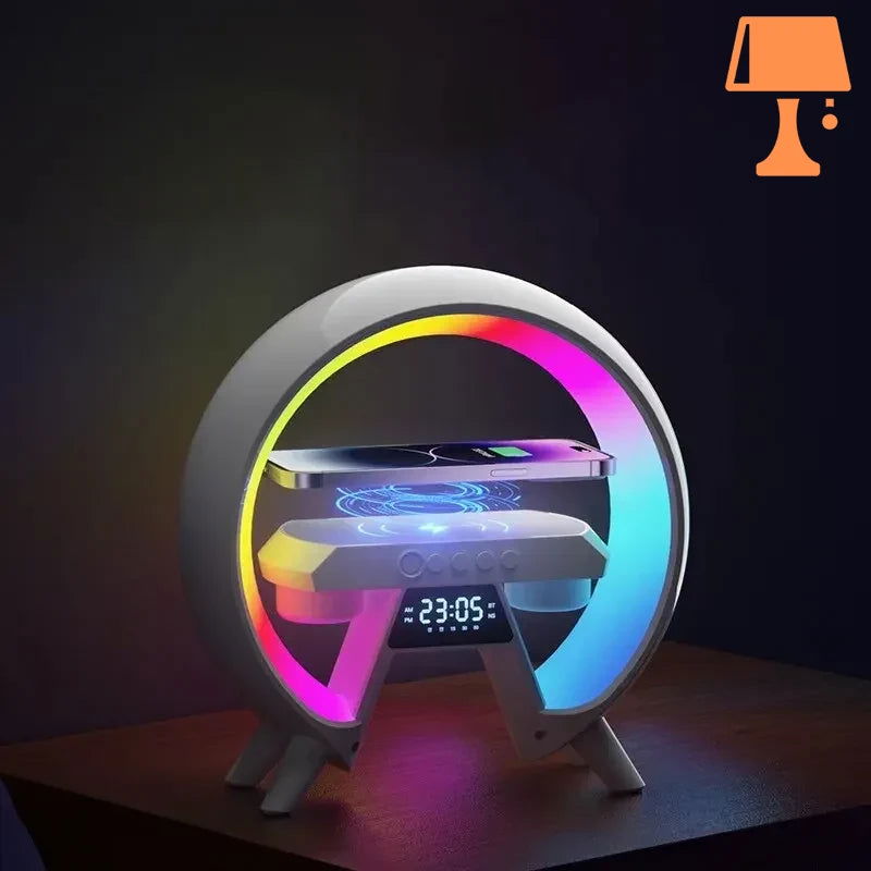 LumiNova Futuristische LED-Lampe – Kabelloses Laden & Digitale Uhr