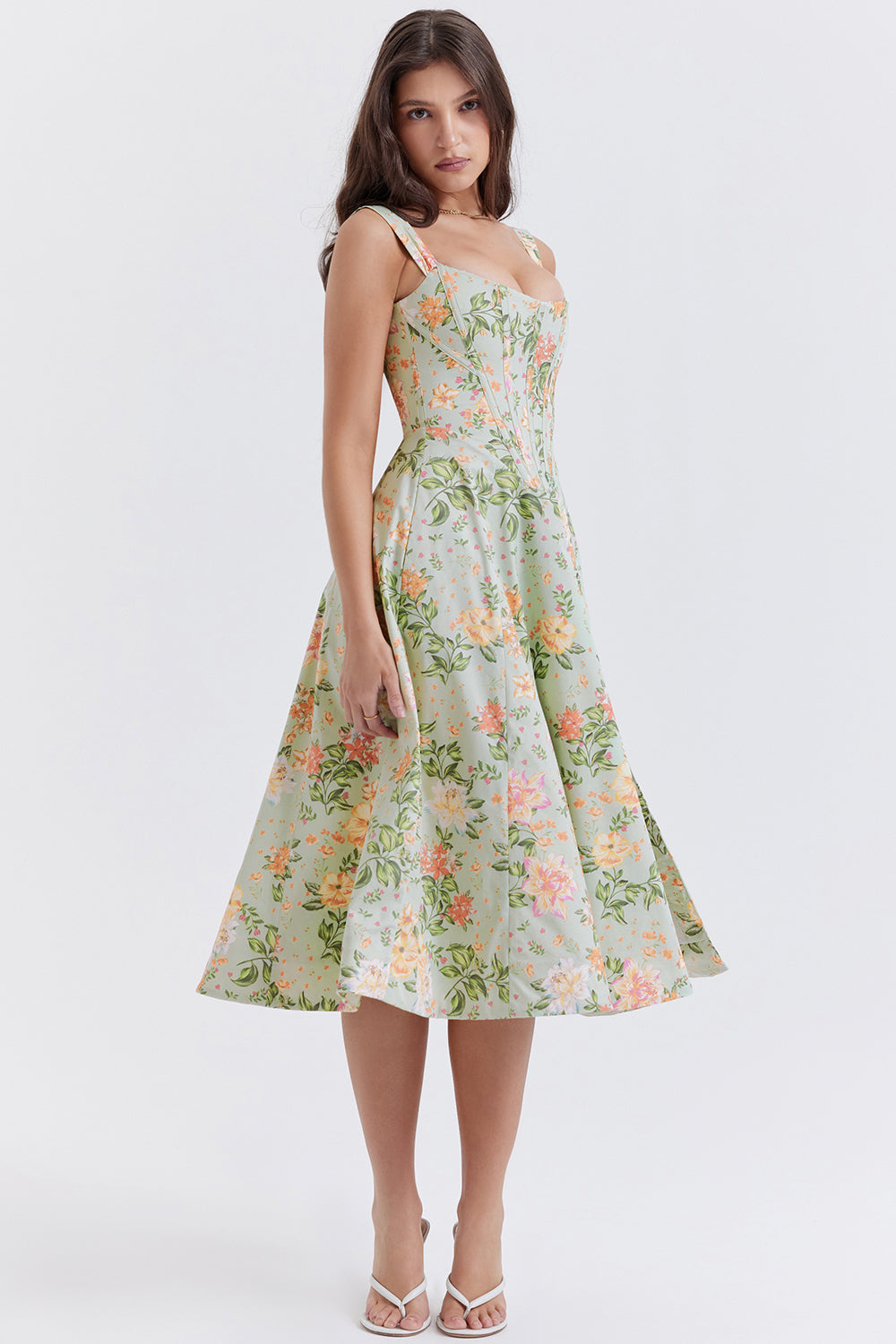 Nicole - Geblümter Schulterriemen Sweetheart Midikleid