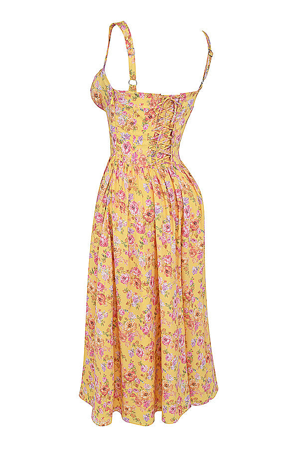 Nicole - Geblümter Schulterriemen Sweetheart Midikleid