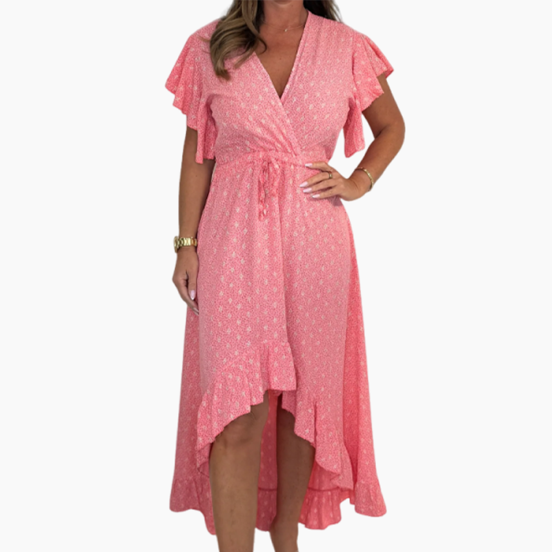 Amélie lange Sommerkleid mit elegantem Muster, V-Ausschnitt und kurzen Schmetterlingsärmeln