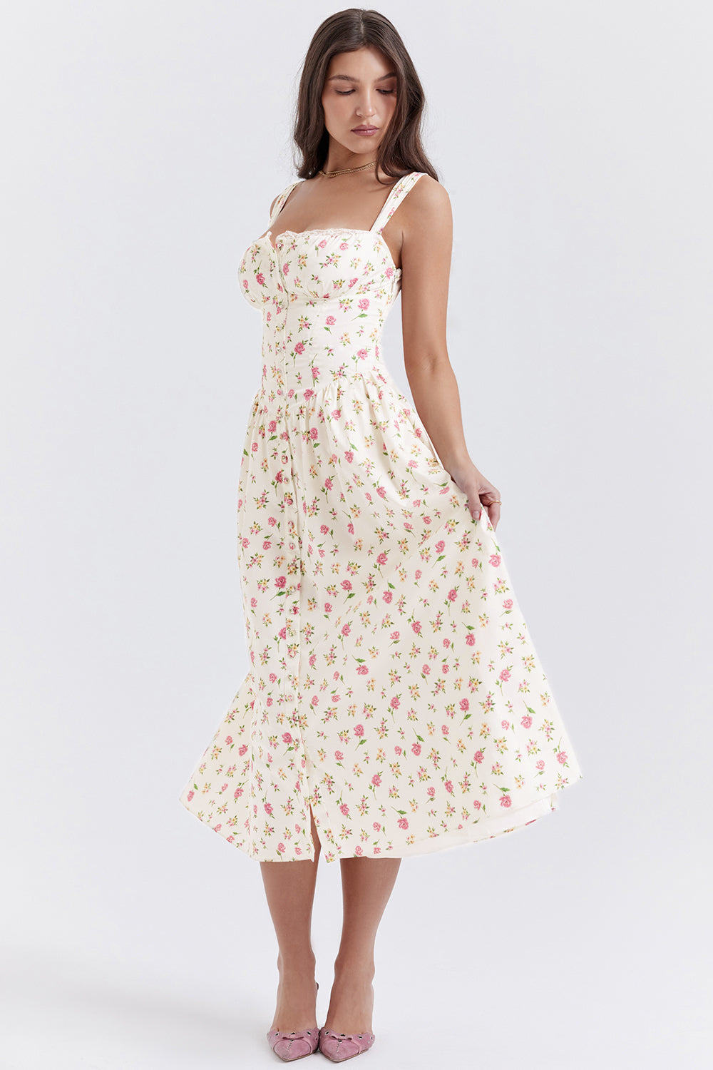 Nicole - Geblümter Schulterriemen Sweetheart Midikleid