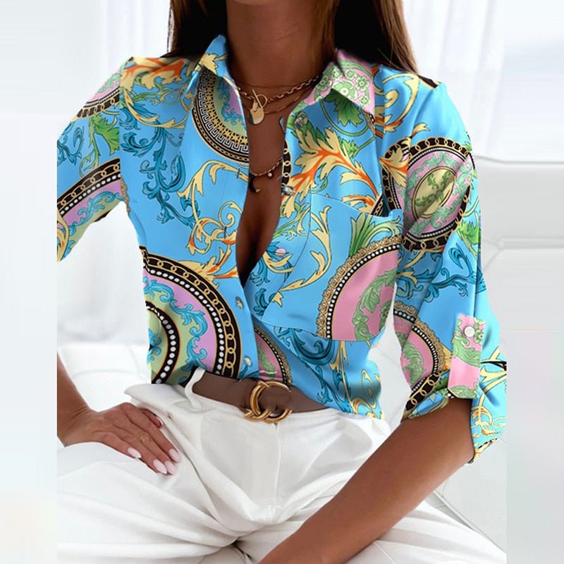 Emilia Langärmelige Bluse mit Klassischem Kragen und Einzigartigem Druck