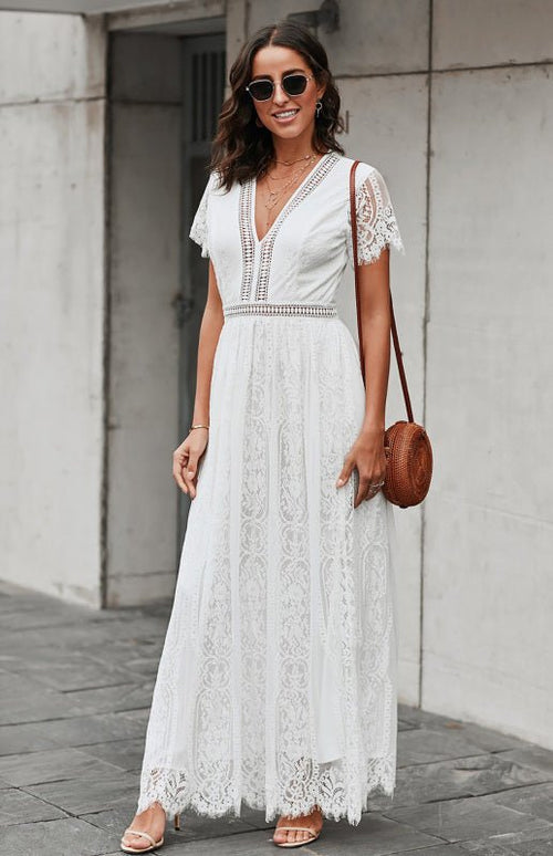 Élise Elegante Lange Kleid mit Offenen Details – Schicke Kurzarm Maxikleid